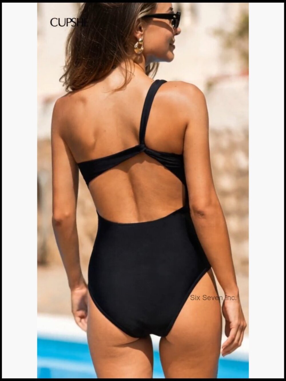 One Shoulder One Piece Swimsuit with Mesh Panel Removable Cups - Picture 7 of 7